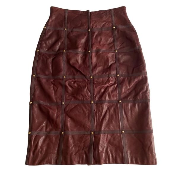 Vintage 80s-90s Escada Margaretha Ley Leather Studded Skirt Burgundy - Picture 2 of 10